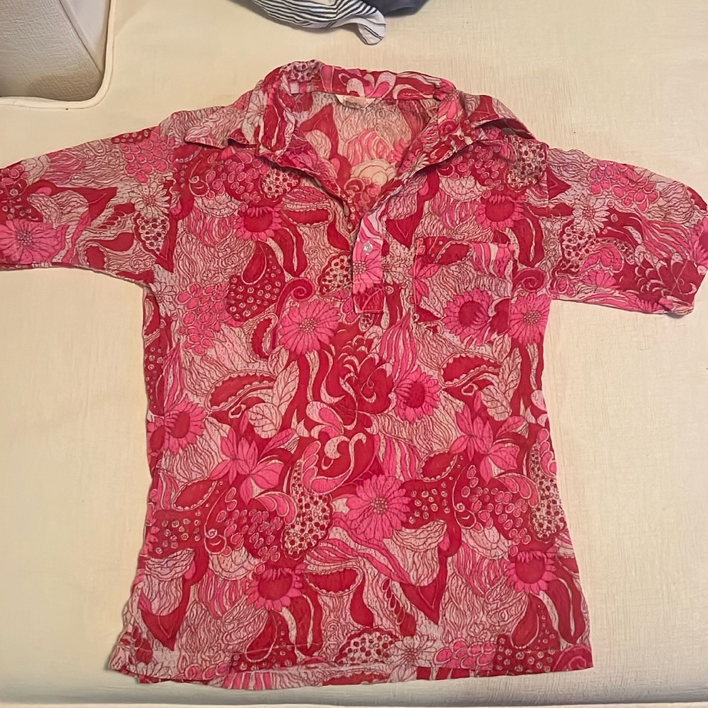 Vintage 70s 80s Pink Funky Art Pattern Micro Mesh Disco Polo Shirt Womens small